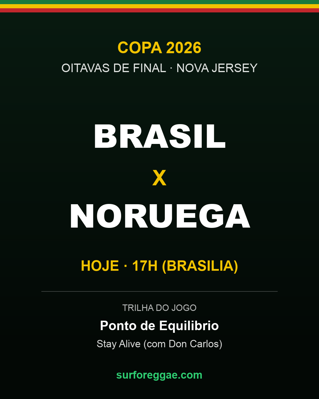 Brasil enfrenta a Noruega hoje nas oitavas da Copa — e a trilha do jogo é reggae